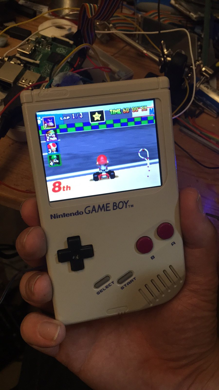 The finished BerryBoy playing Mario Kart