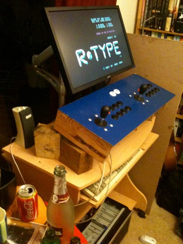 Testing the monitor and control panel angles with R-Type on screen