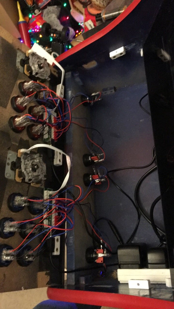 Inside the control panel: joysticks, buttons and encoder wiring