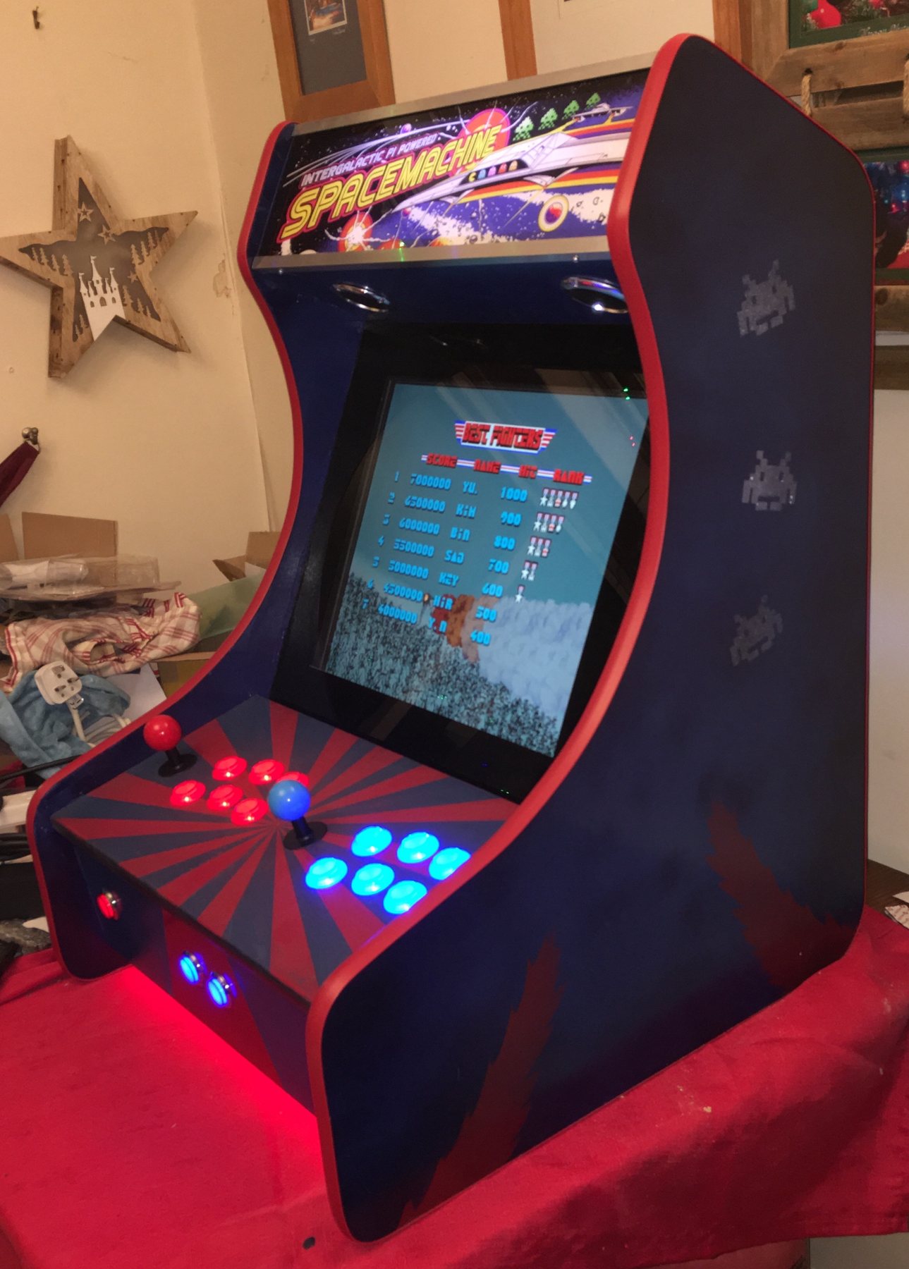 The finished SPACEMACHINE with its illuminated buttons and red underglow